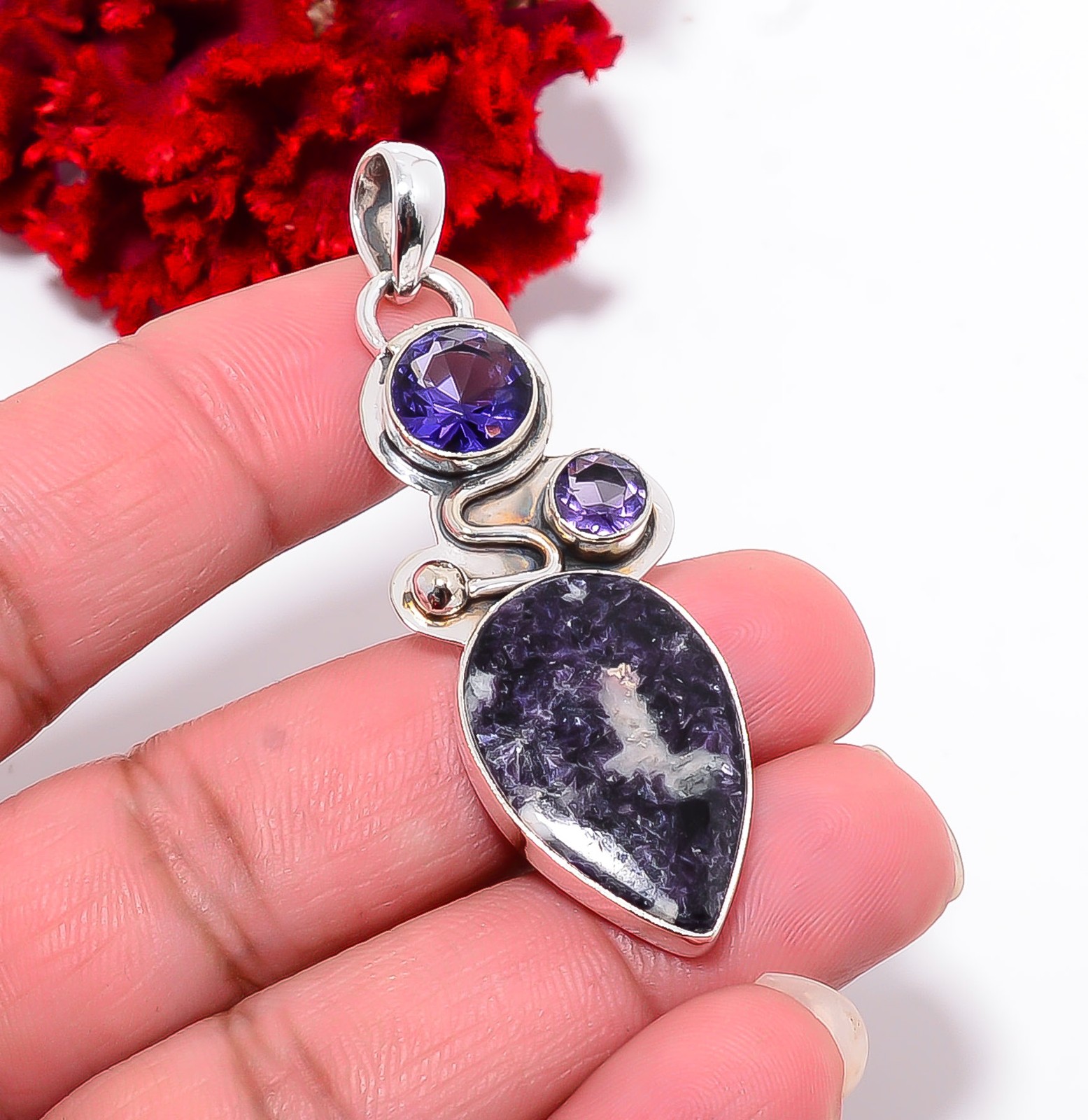 Lepidolite – San Diego & Iolite Handmade 925 Sterling Silver Pendant 2.26″ P9439