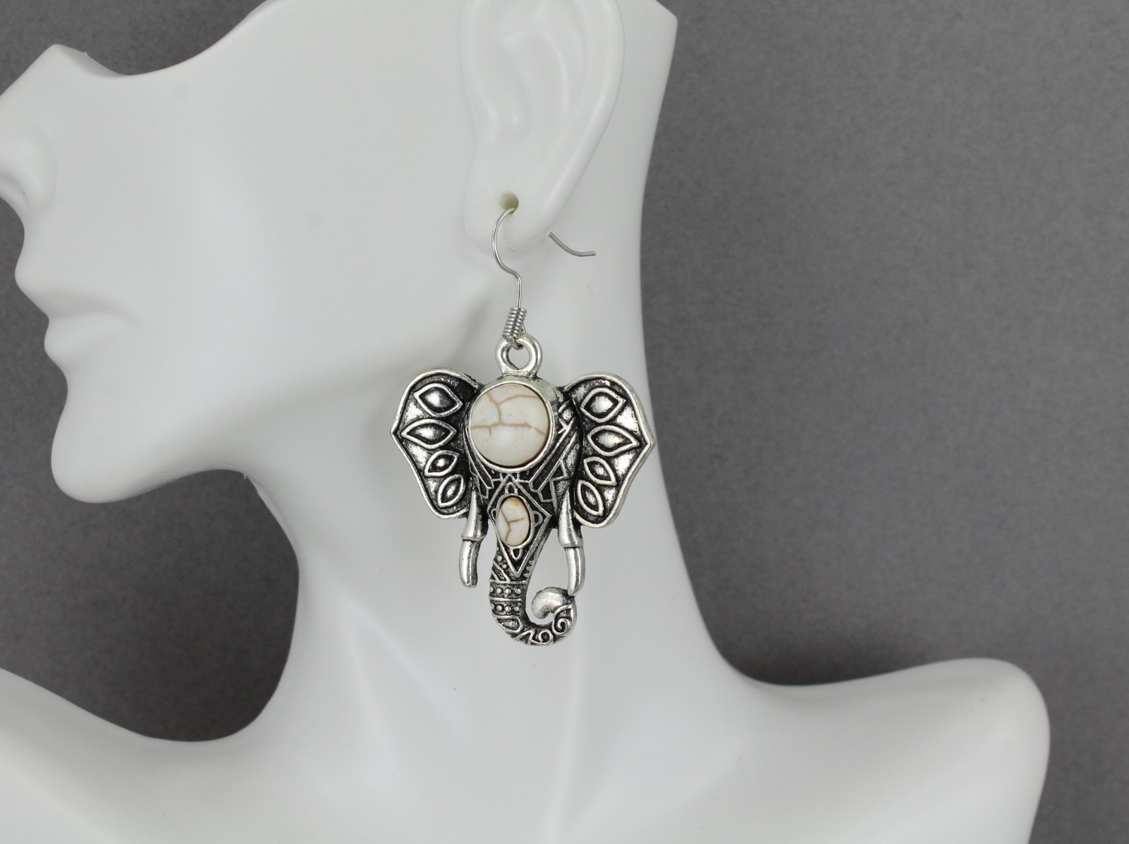 antiqued silver elephant earrings trunk ears pendant 2 1/8″ long cream bead