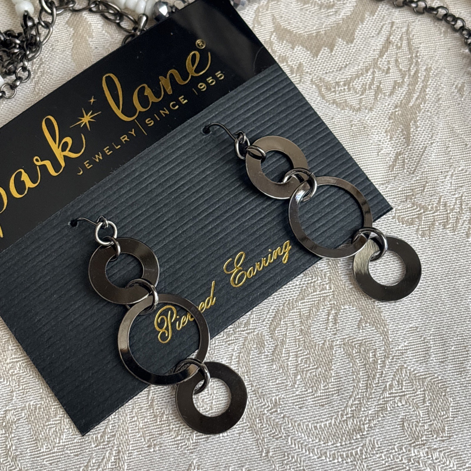 Park Lane Chic Earrings Hematite Tone Interlocking Circles & Unsigned Necklace