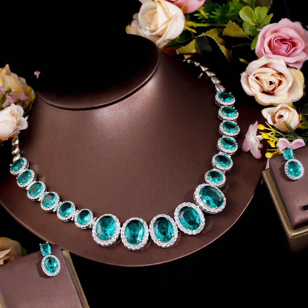 Gorgeous Big Green Oval Necklace Earrings Silver Plated Zircon Women Jewelry Set
