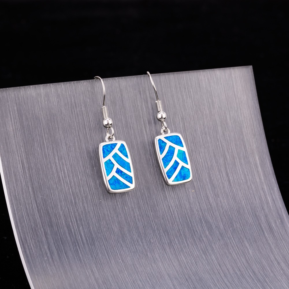 Rectangle Shape Ocean Blue Fire Opal Silver Jewelry Dangle Drop Earrings