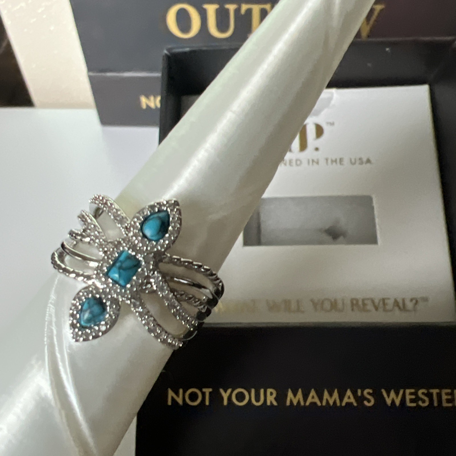 Bomb Party Outlaw Ring size 7 “Iron Lasso” Turquoise Magnesite Rhodium plating