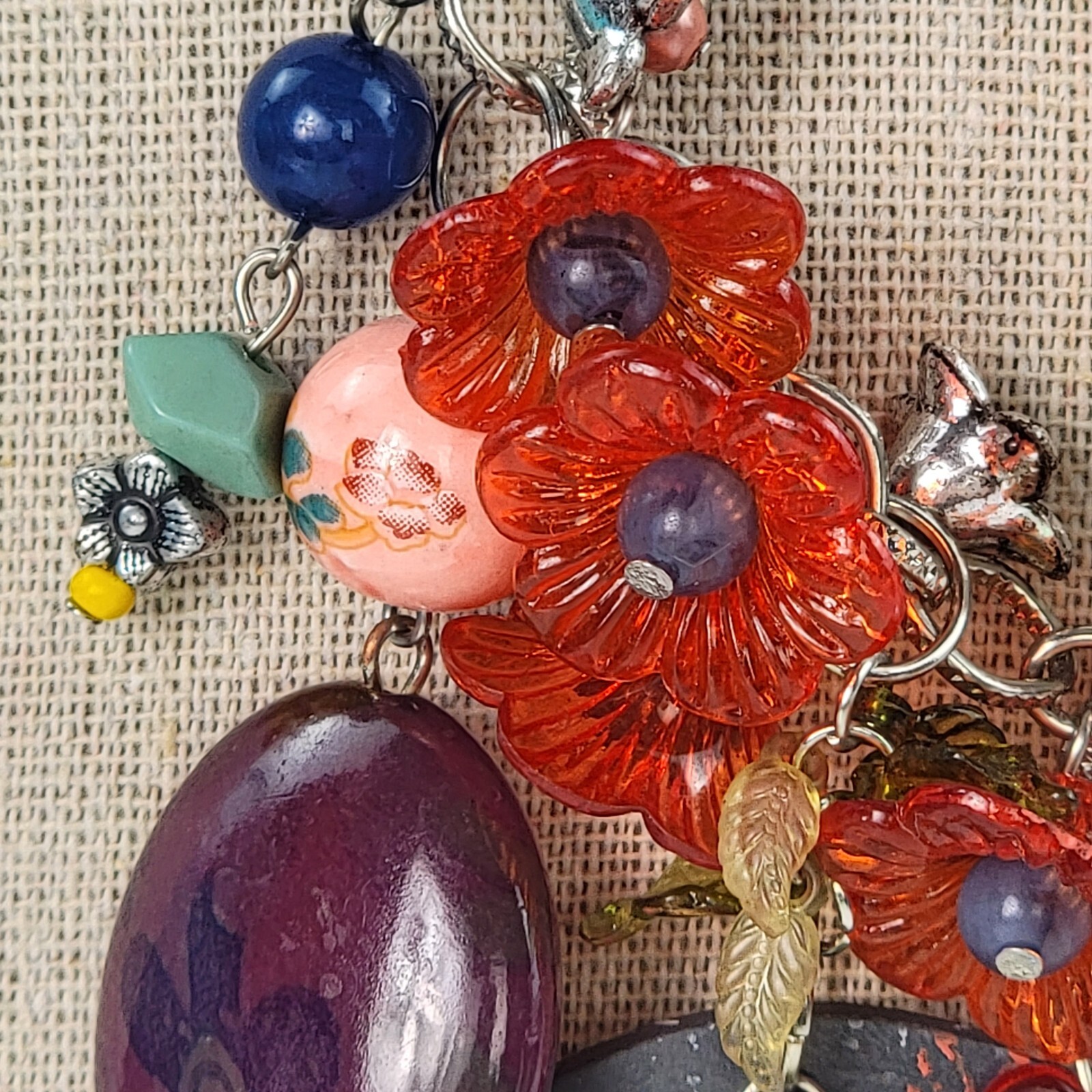 Multicolor Flowers Dangle Charm Necklace 21″ Silver-Tone Mixed-Materials Enamel