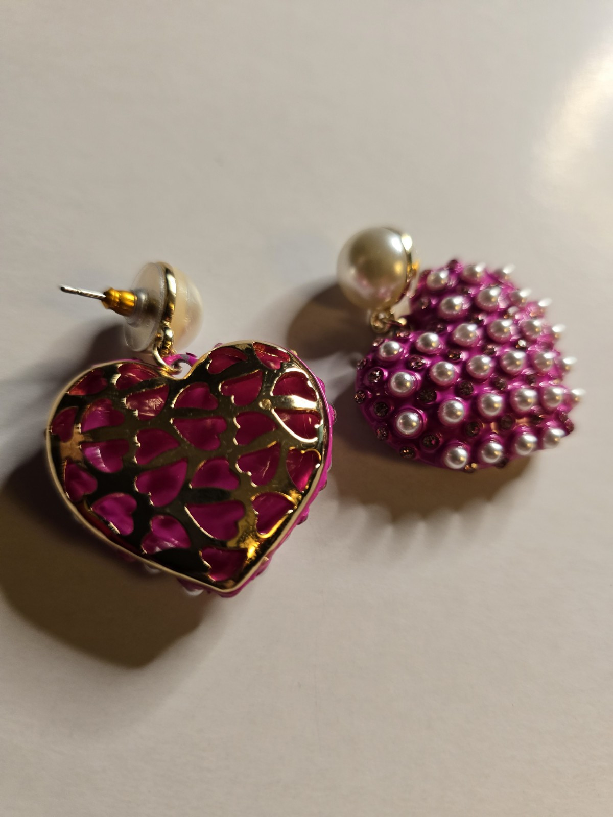 BETSEY JOHNSON Pink Heart Shape Drop Earrings With Pearl Accents