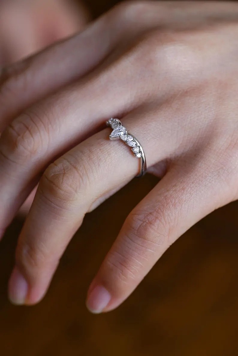 Pear Cut Moissanite With 18k White Gold Plated Silver Women’s Band Ring #84