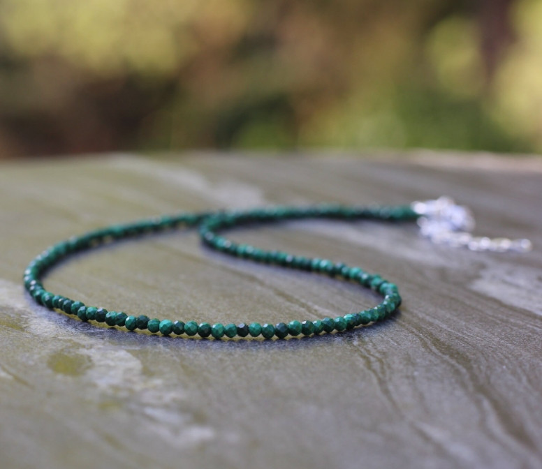 2mm Malachite Choker Natural Green Stone Facted Necklace Healing Reiki Gift