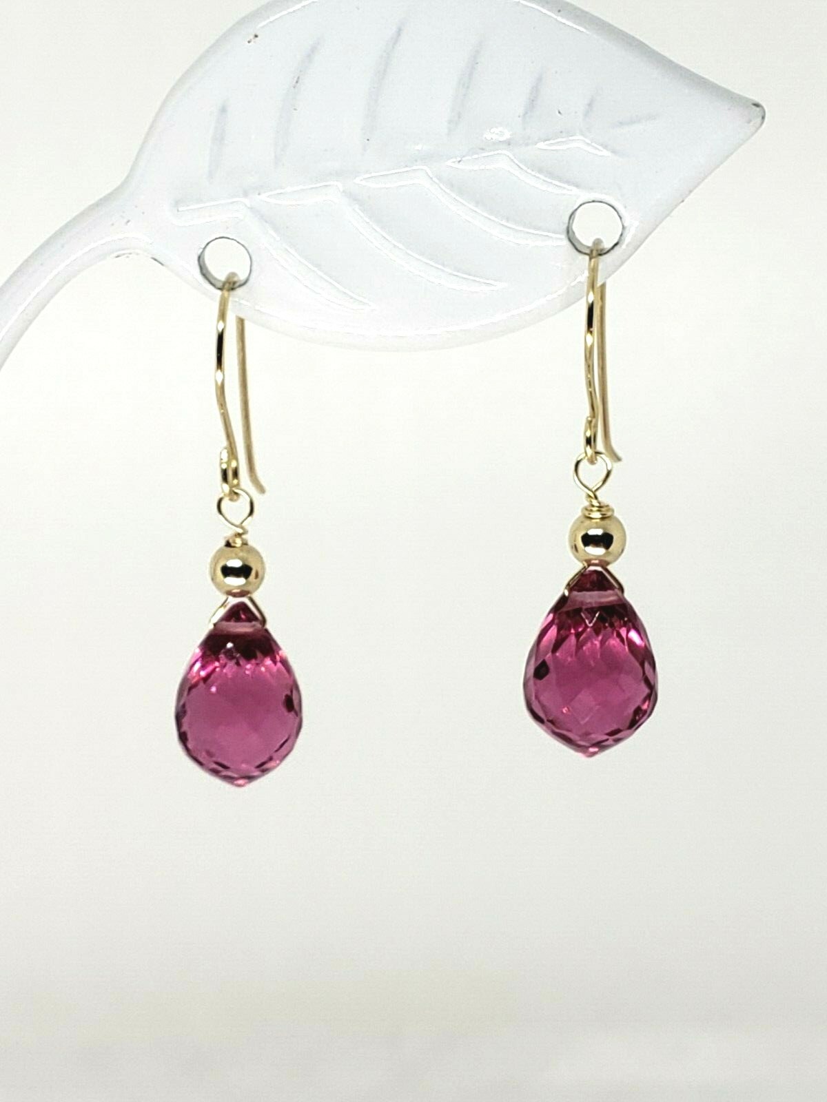 14k Yellow Gold Pink Rubellite Tourmaline Quartz Briolette Drop Dangle Earrings