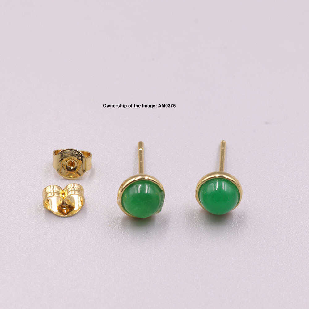 Handmade Green Jade 6mm Round Earrings Stud Elegant Gold Plated GP Earrings