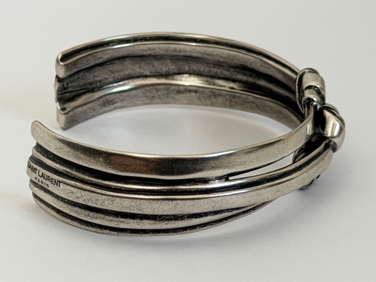 NWT Saint Laurent YSL Triple Knotted Antique Silver Brass Cuff Bracelet M $895