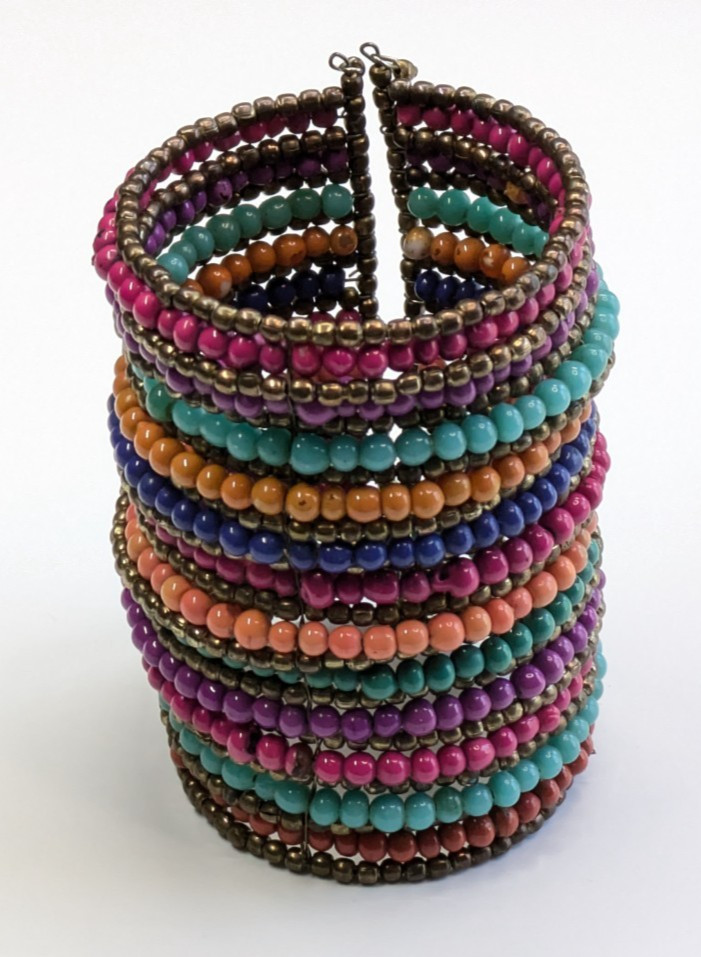 Huge 3.5″ Wide Multicolor Glass Beaded Brass Statement Bracelet Bohemian Tribal