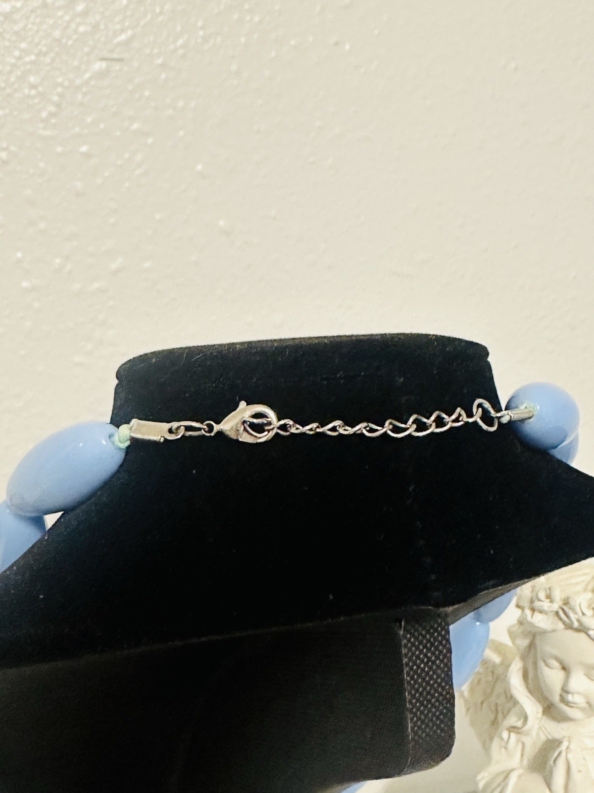 Blue Plastic Beaded Cable Chain Necklace Silver Tone Adjustable Spring Ring