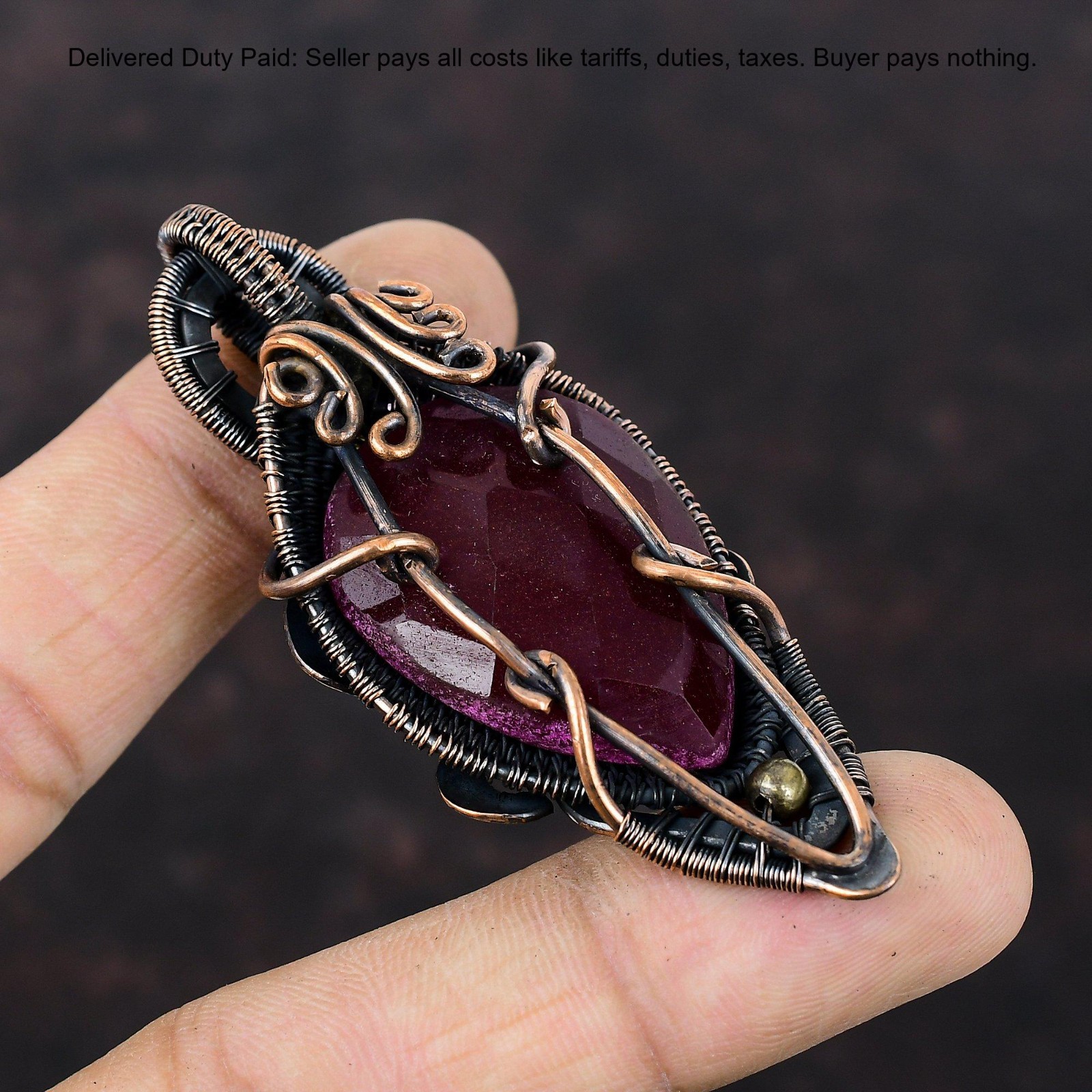 Copper Pear Kashmir Rubi Gemstone Wife Wire Wrapped Anniversary Birthday Pendant