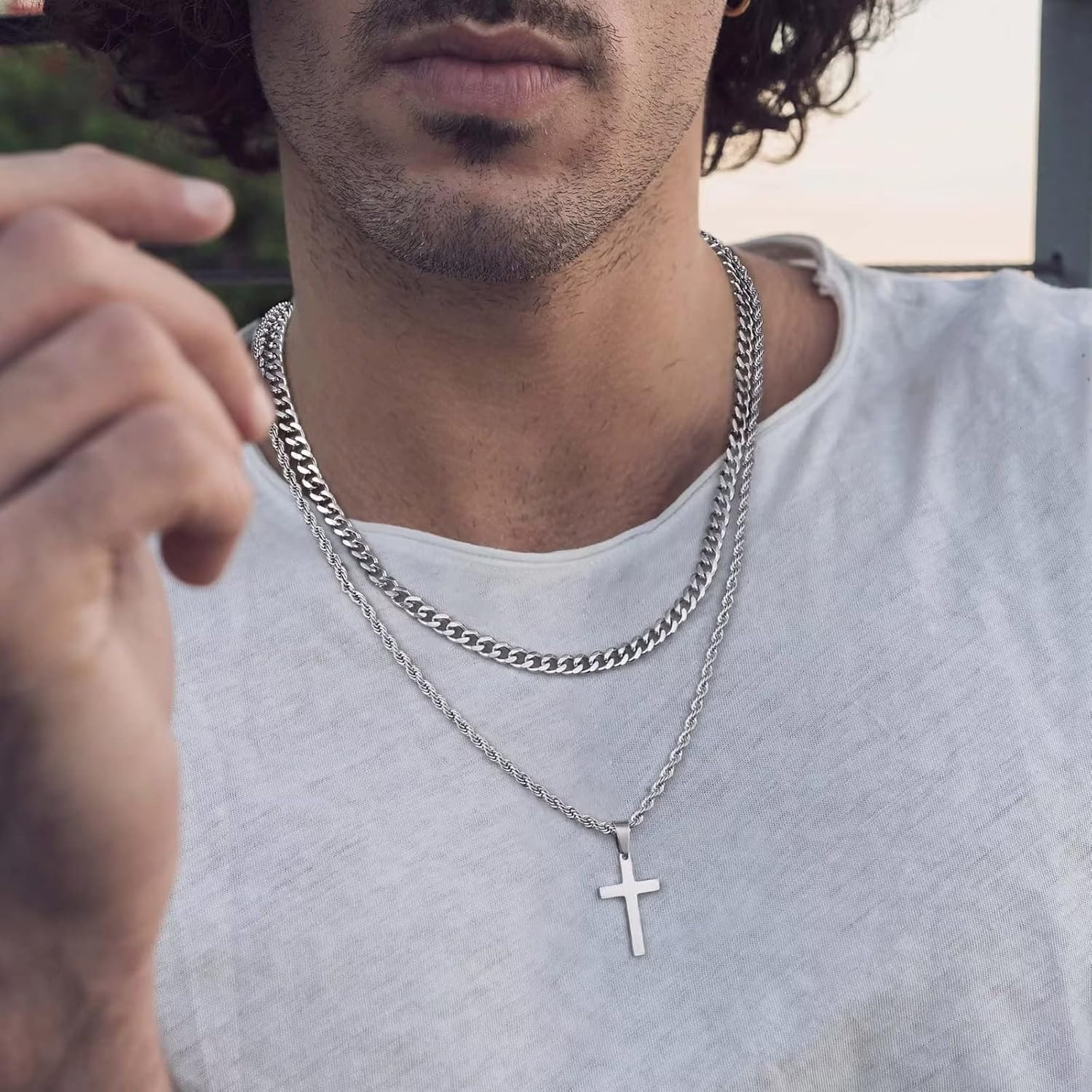 Layered Cross Necklaces for Men – 18K Gold Plated Cross Necklaces Chain for Men