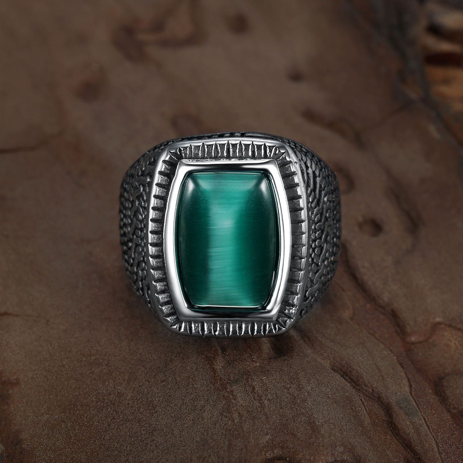 Mens Stainless Steel Green Stone Bold Ring minimalistic simple antique Ring 7-15