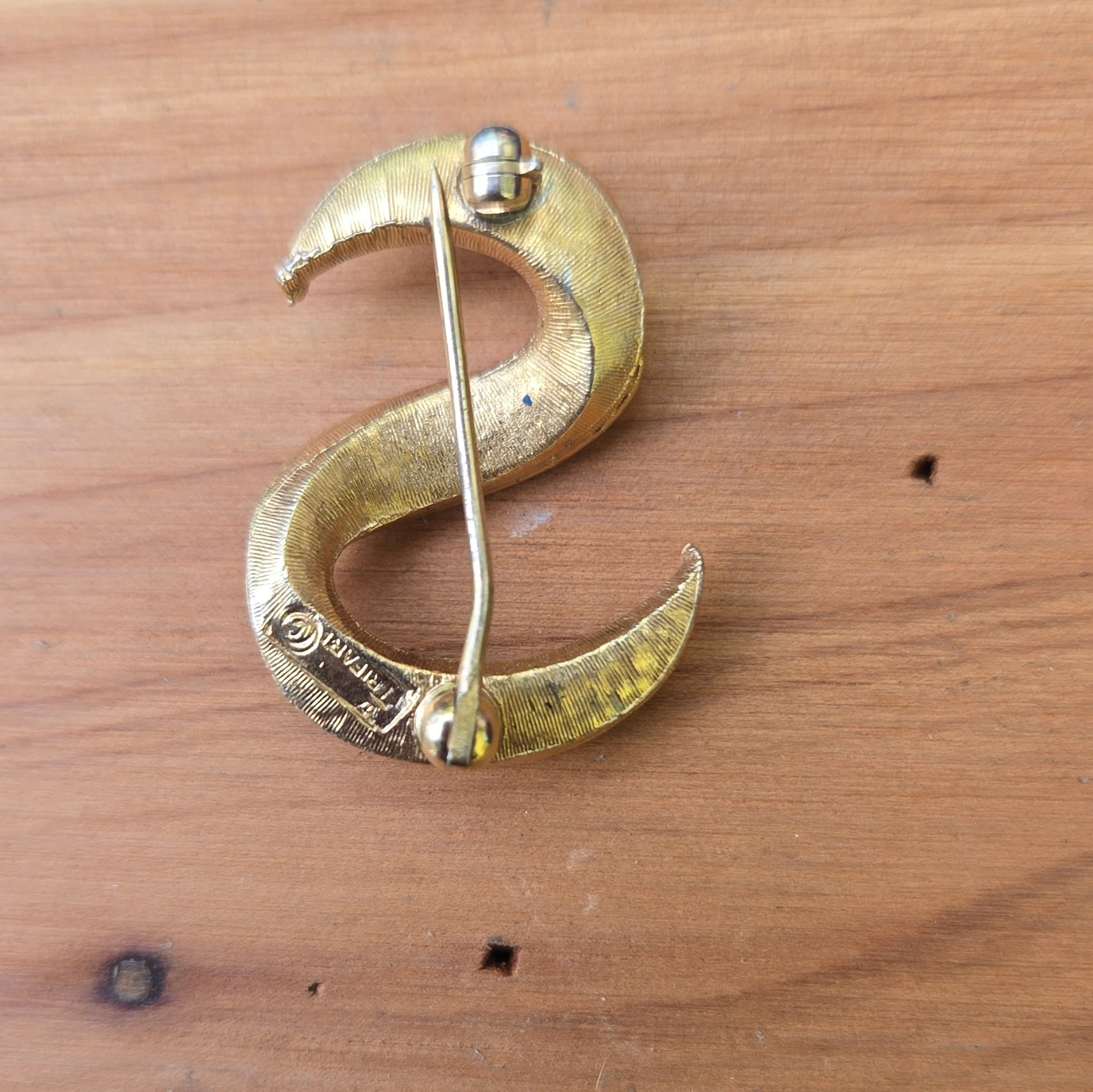 Vintage 50s TRIFARI Crown Goldtone Textured LETTER “S” Shape Pin Brooch