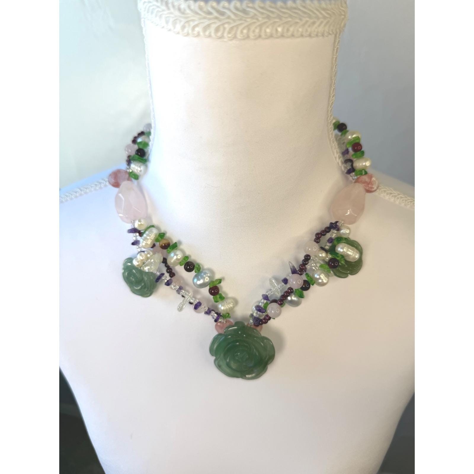 Green Aventurine Carved Rose Gemstone Pearl Multi-Strand Statement Necklace Boho