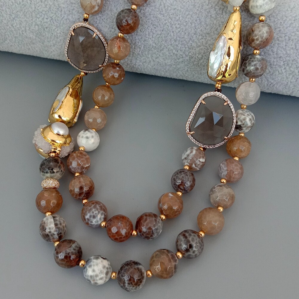 2 Strands Faceted Brown Agate Crystal Pearl Quartz Druzy Necklace 21″