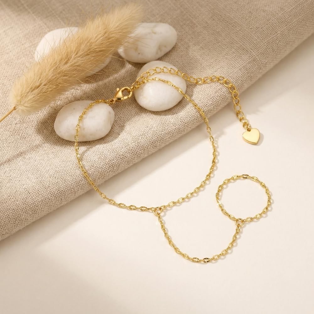 14K Gold Bracelets for Women 14K Gold Hand Chain for Women Rings Bracelet Han…
