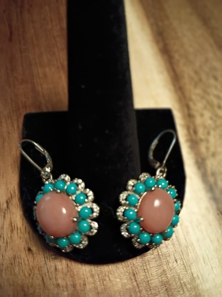 Pink Opal Turquoise Sterling Silver Ring & Earrings w/Gold Vermeil Set Size 9.75
