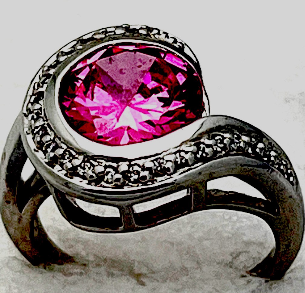 Sterling Silver 925 6.3 Gram Prong Set 24 Clear CZ Channel Set Pink Ring Size 7