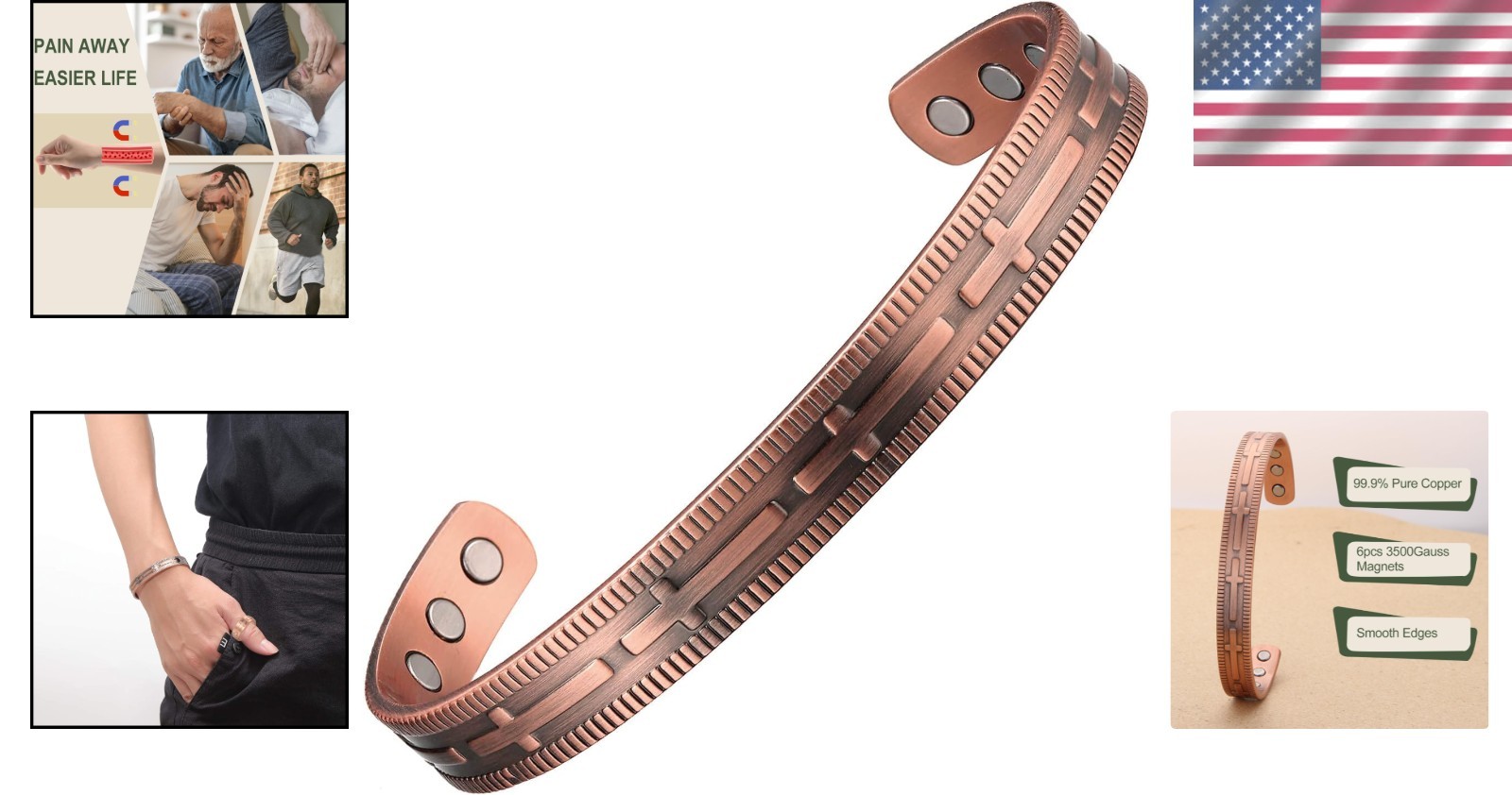 Adjustable 6.8-Inch Copper Magnetic Bracelet, 99.9% Pure for Elegant Wellness