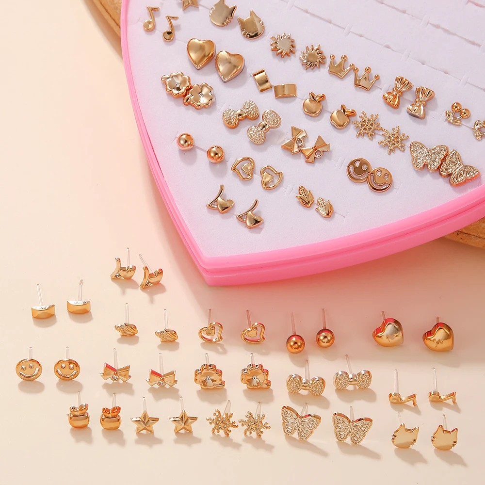 36 Pairs Cute Stud Earrings Set Cat Butterfly Snowflake Fashion Jewelry Gift