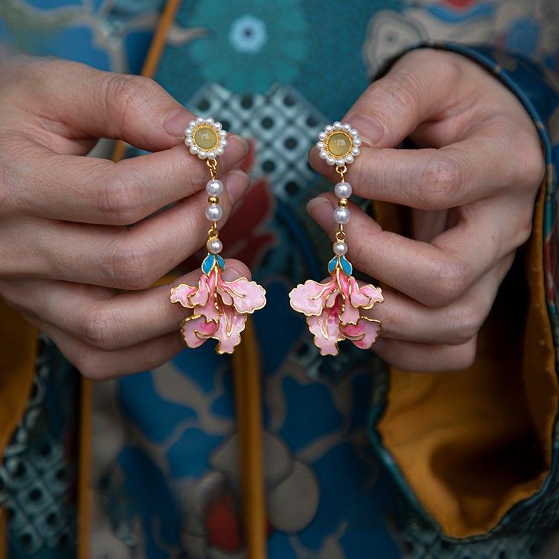 Chinese Style Magnolia Flower Tassel Earrings Enamel Drop Dangle Stud