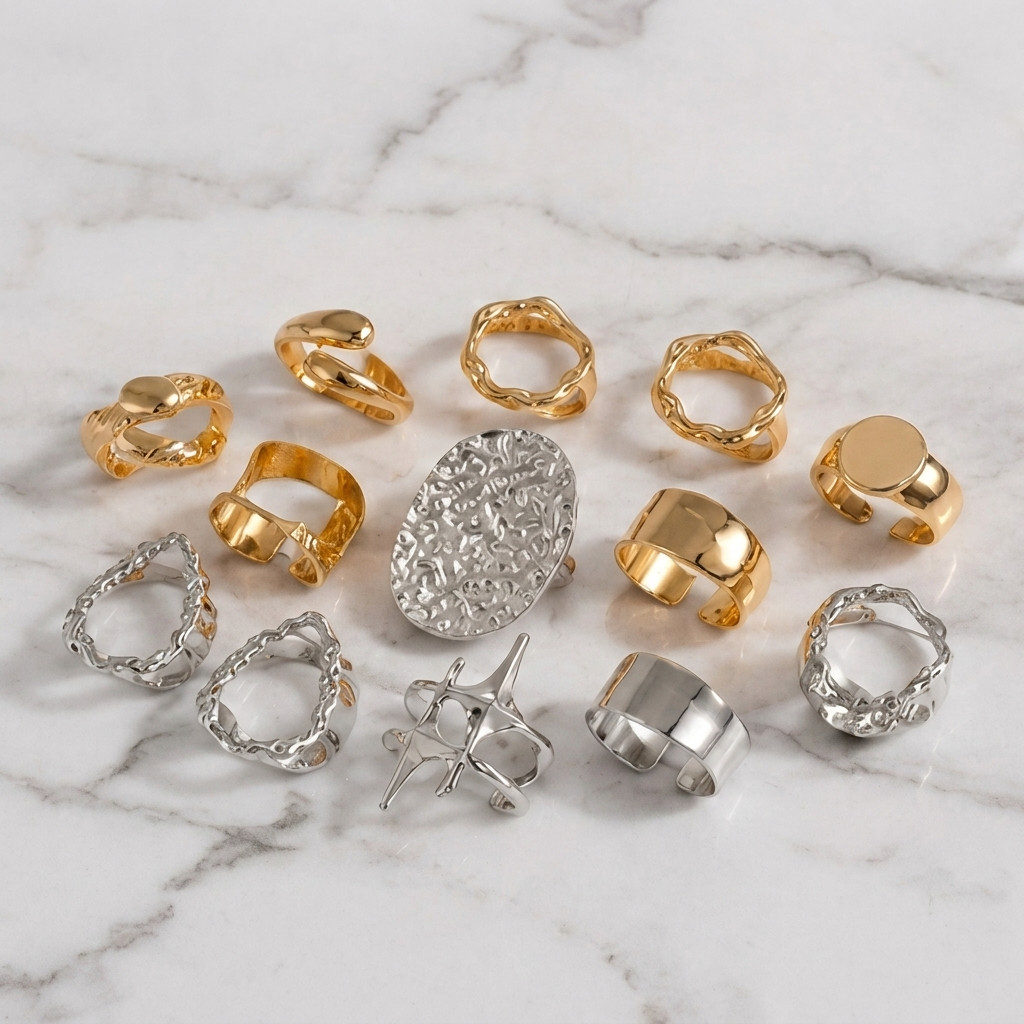 10pc Zinc Alloy Lava Line Star Ring Set Women Chunky Geometric Punk Gold