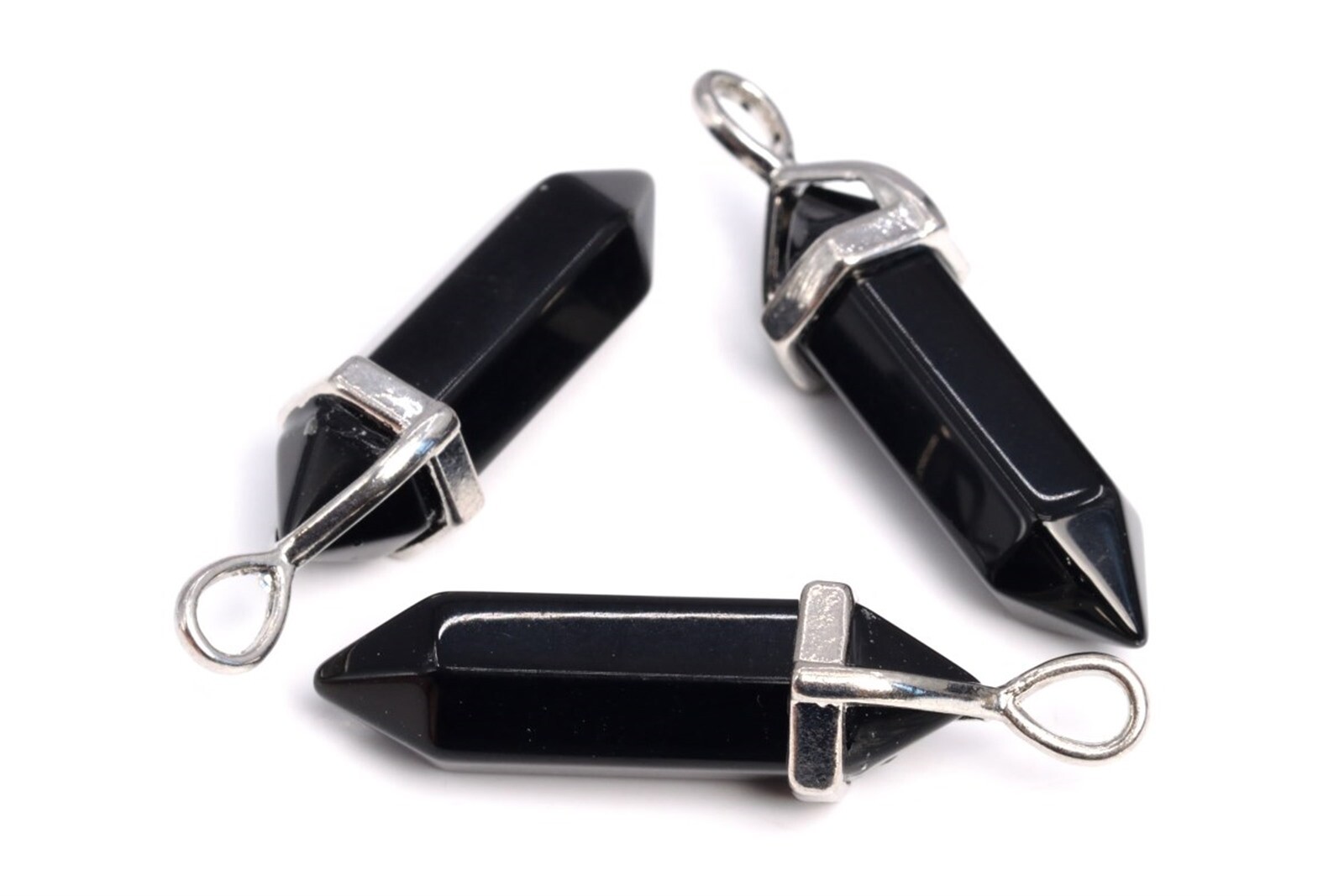 2 Pcs 46x8MM Black Agate Beads Hexagonal Pointed Pendant AAA Silver Plated Cap