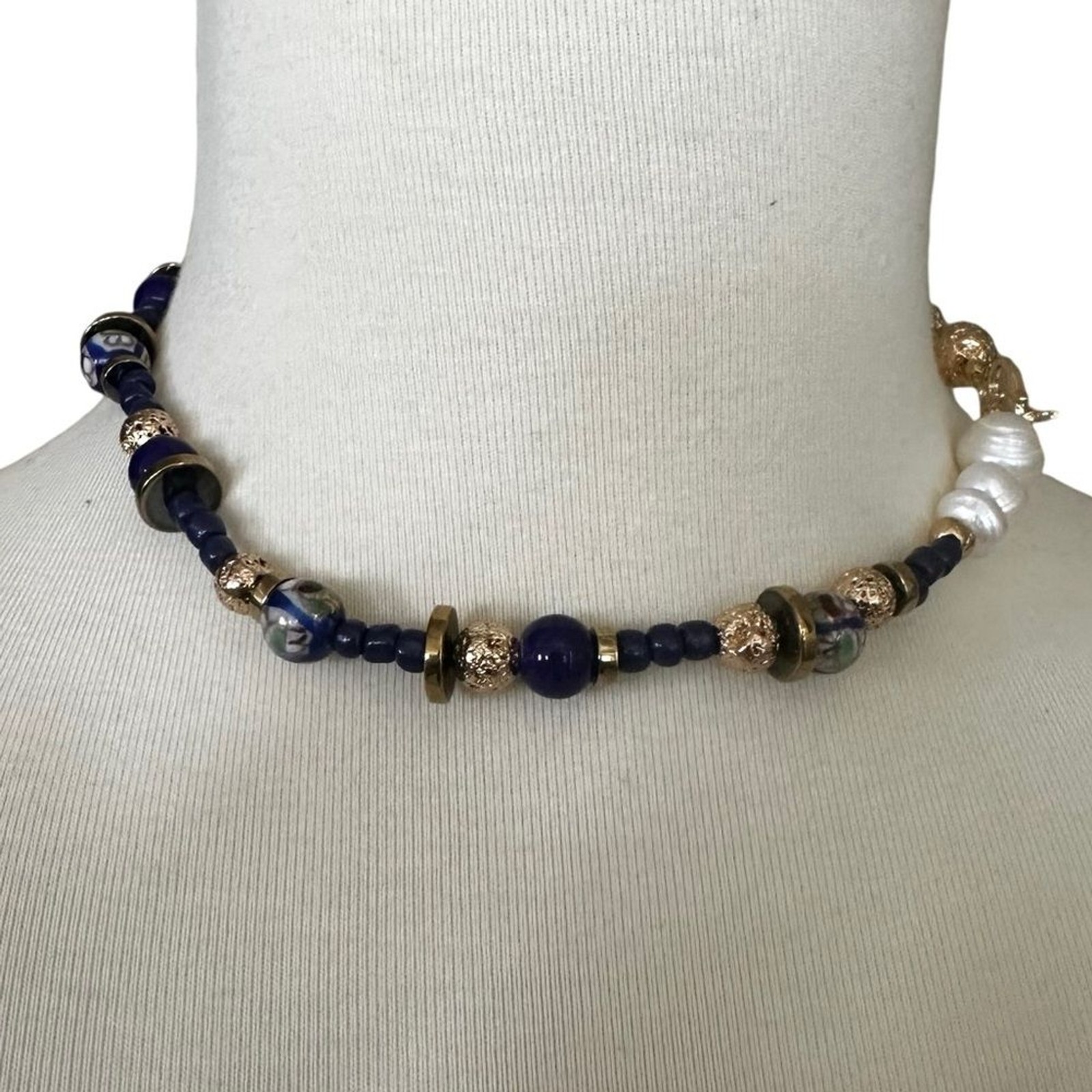 Handmade glass bead semi precious stone freshwater pearl toggle Necklace