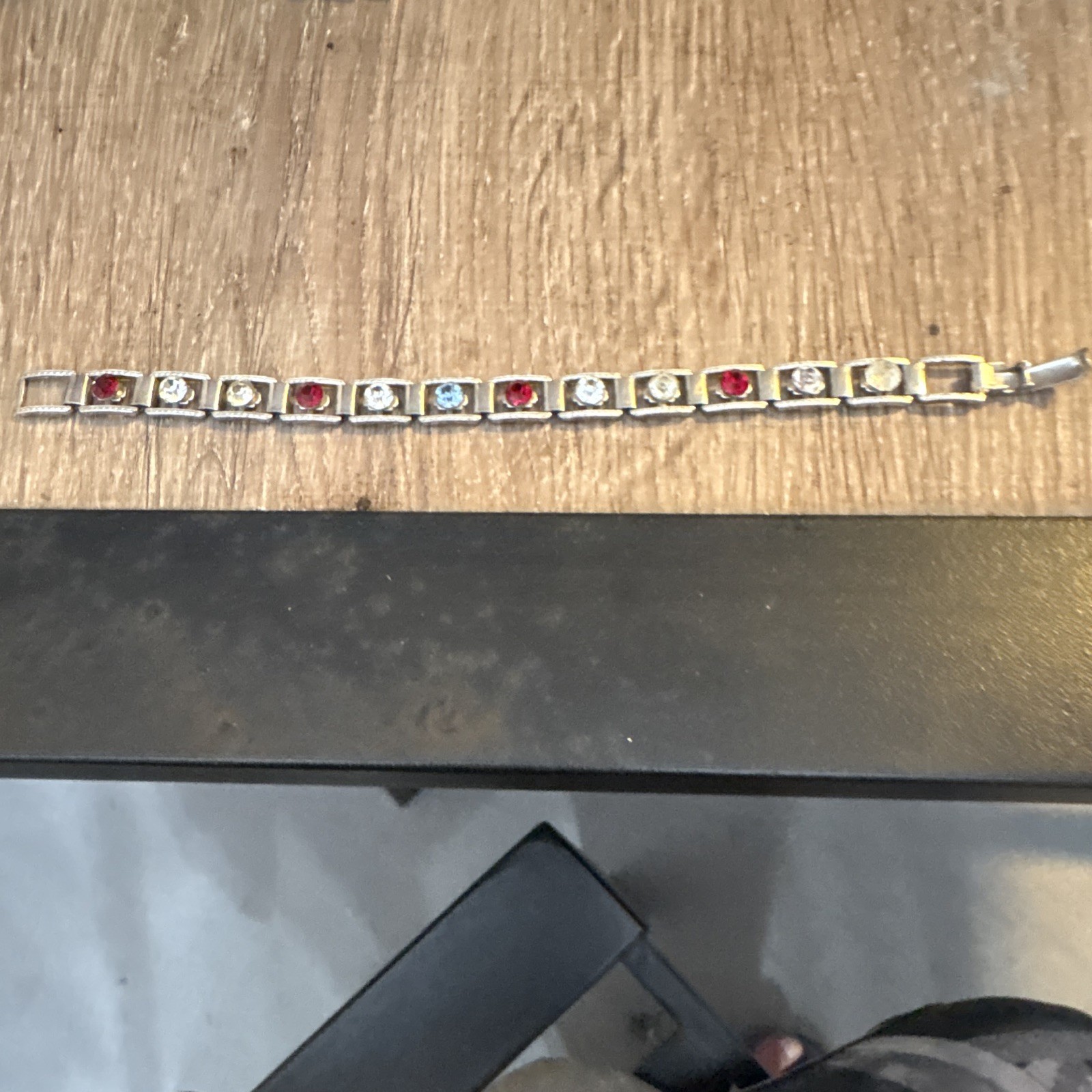 Silver Tone Tennis Link Bracelet, Bezel-Set Square Red & Blue Crystals