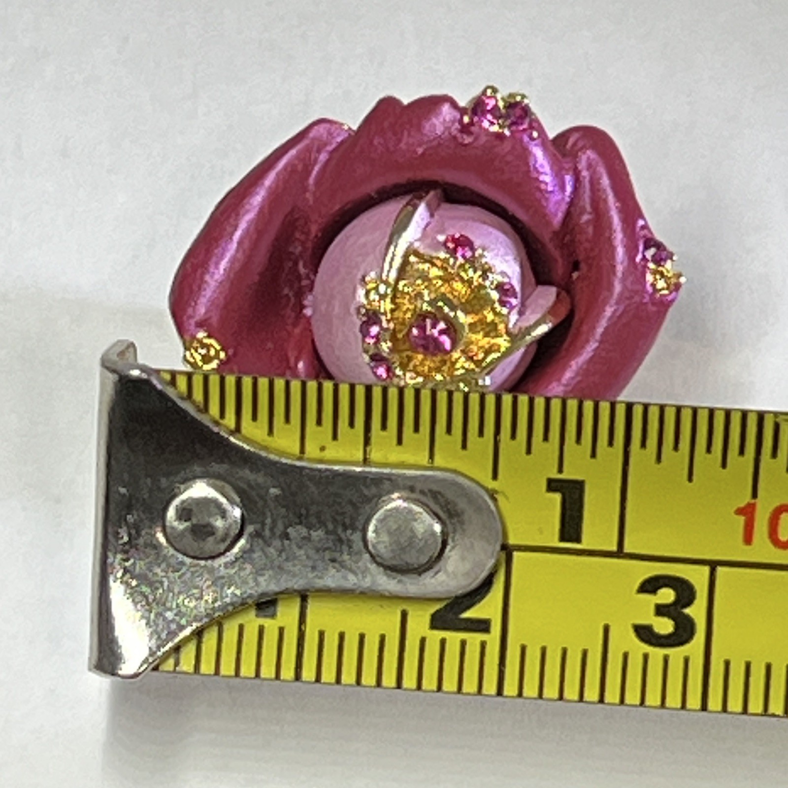Purple Rose Flower Brooch Pin Gold Tone Metal with Pink Rhinestones 1 in