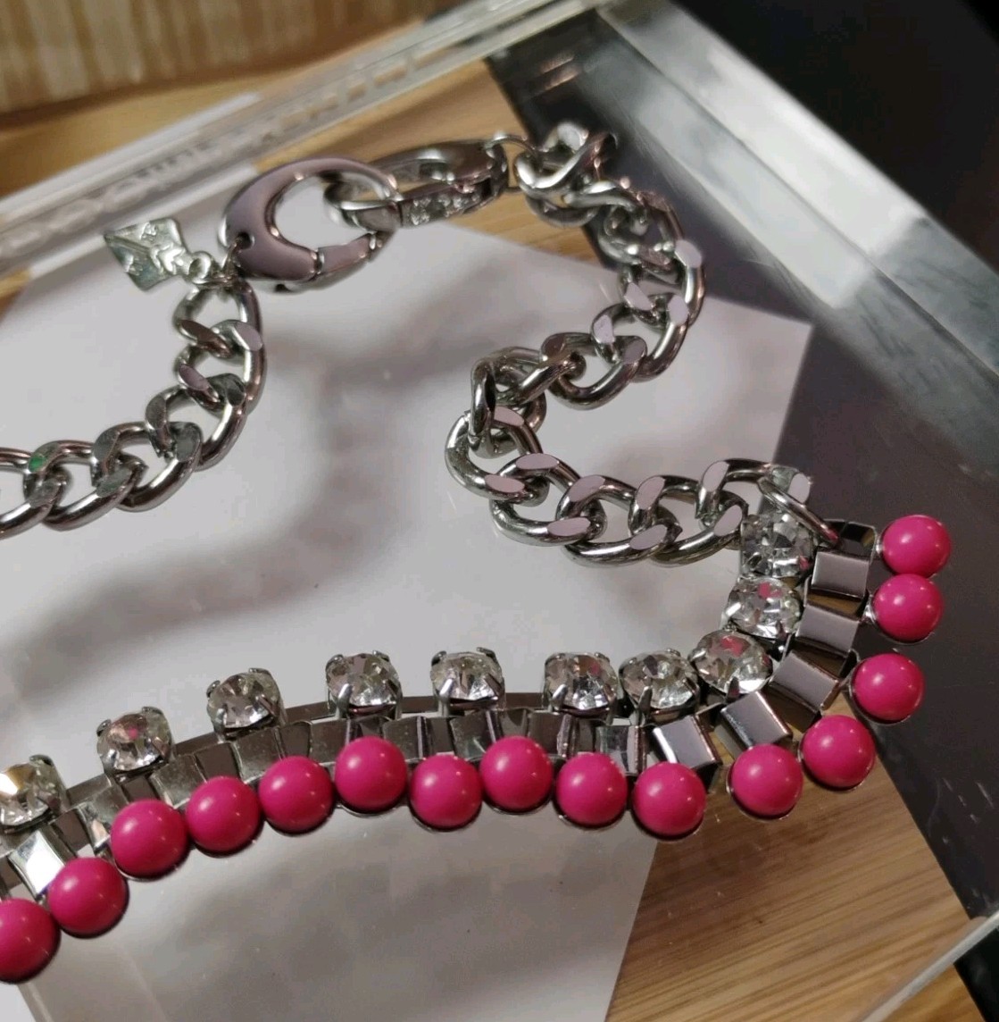 Designer ADORNABLE U Silvery Hot Pink Gem w/Crystal Rhinestones 17″ Necklace!
