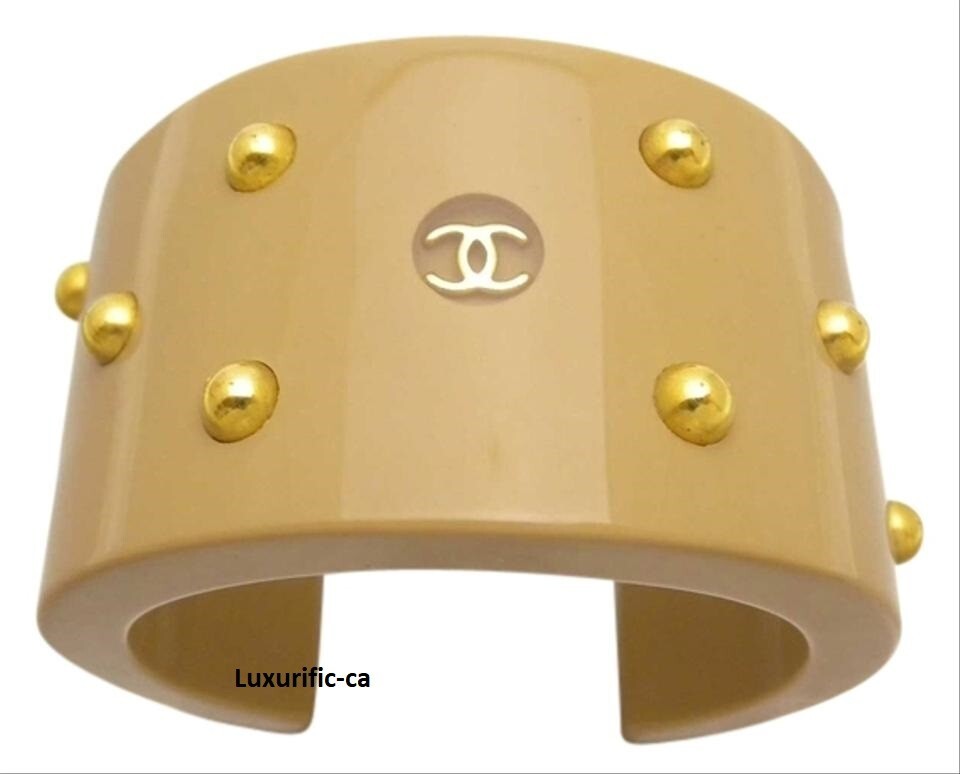 5 DAYS SALES AUTH. Vintage CHANEL Wide Bangle with Gold Plated studs.