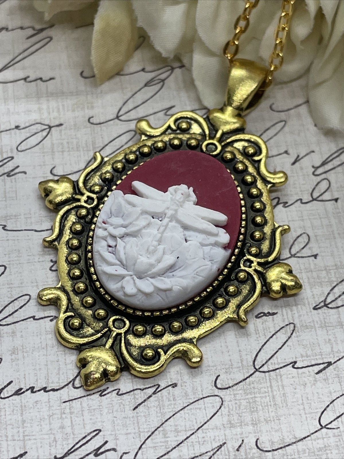 Dragonfly Anniversary Gold Cameo Easter Mother’s Day Birthday wedding Jewelry