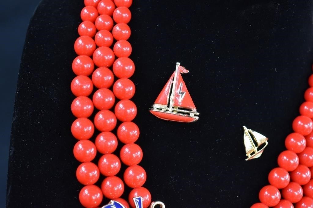 CC Nautical Set Necklace 19in Red Bead Triple Strand Blue Anchor 2 Sailboat Pins