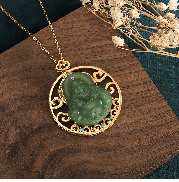 Jade Pendant Necklace Buddha Crystal Charm W/ 18K Gold Plated Chain Gemstone