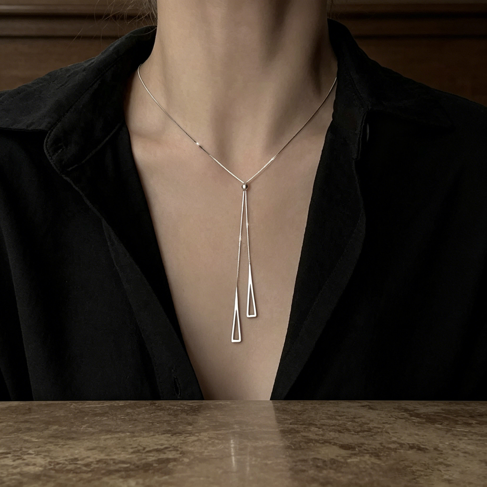 Minimalist Y Drop Necklace Hollow Triangle Pendant Long Chain Neck Jewelry