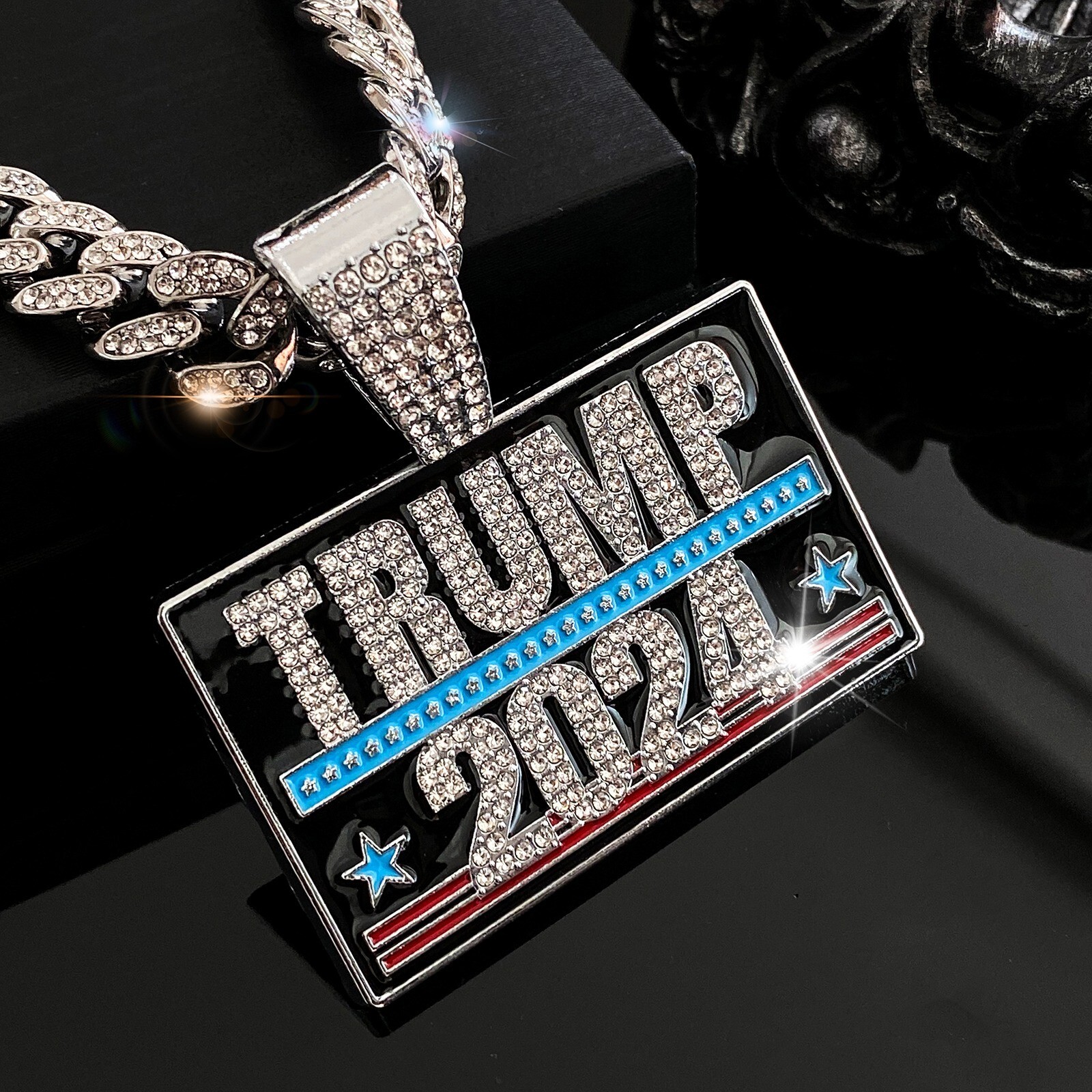 Trump 2024 GEM NECKLACE Gold/Silver Bling Hip Hop Pendant & 24” Chain MAGA