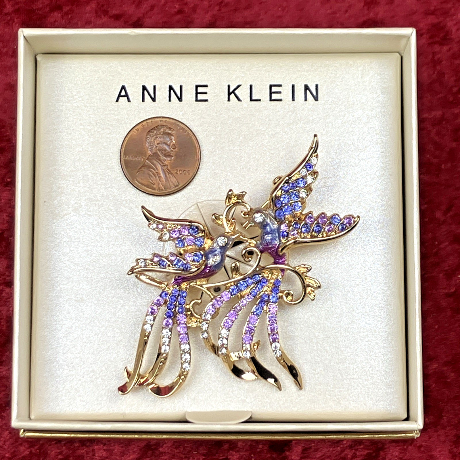 Anne Klein Multi Stone Love Birds Purple Motif Pin NIB Orig. $32