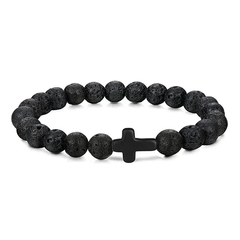 1pc Natural Stone & Wood Bead Prayer Bracelet with Cross – NEW