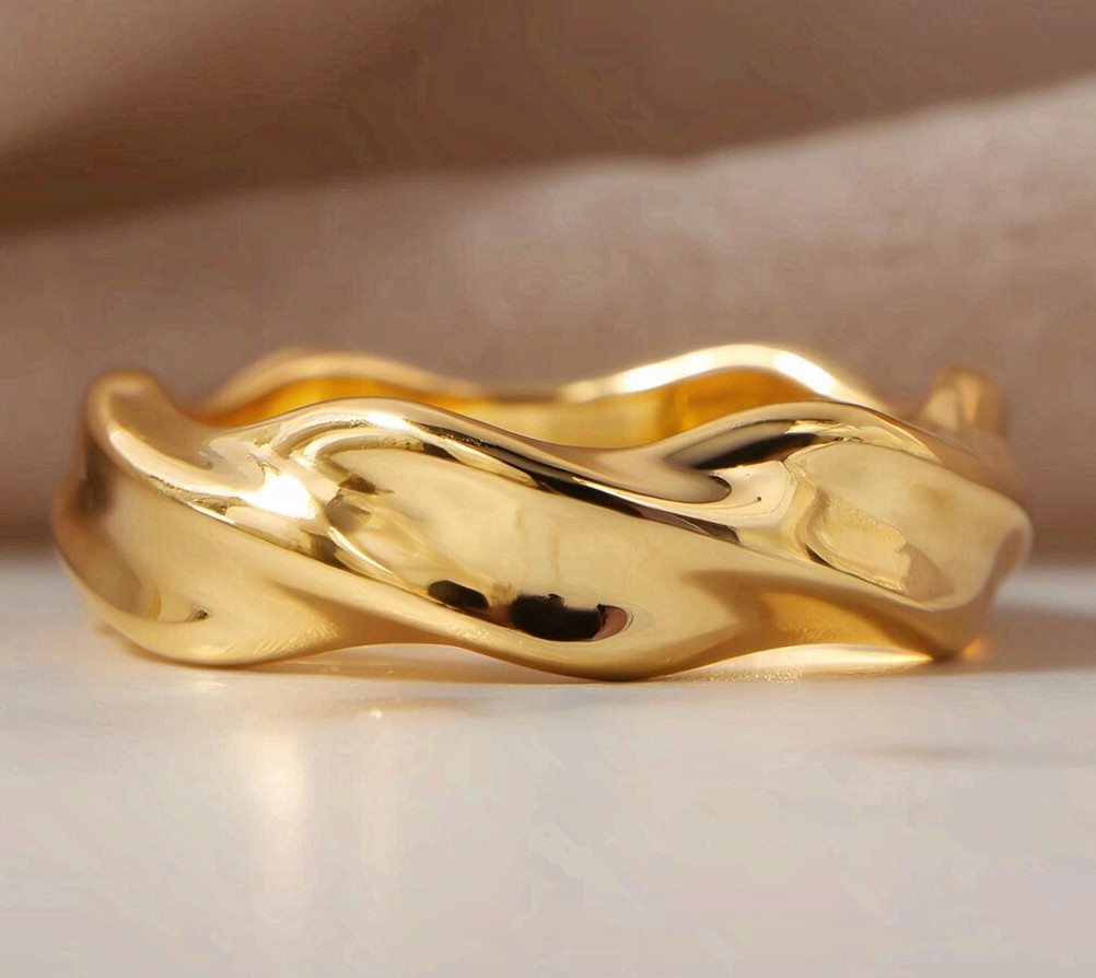 Gold Surgical Steel Wave Ring Minimalist Textured Liquid Band
