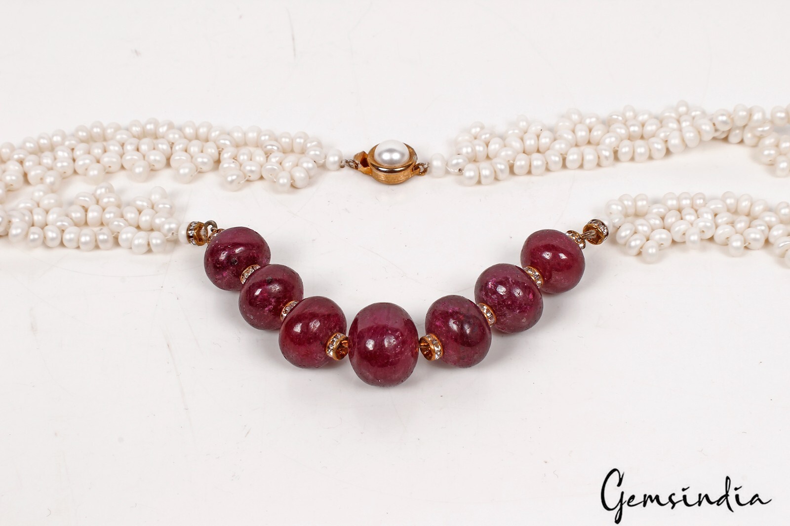 450 Ct Natural Freshwater Pearl & Ruby Beaded Handmade Necklace & Earrings 24″