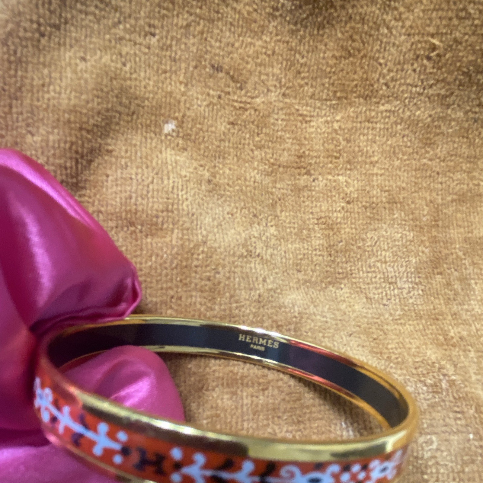 HERMÈS Signed Enamel Bangle Bracelet Gold Tone Orange White and Black.