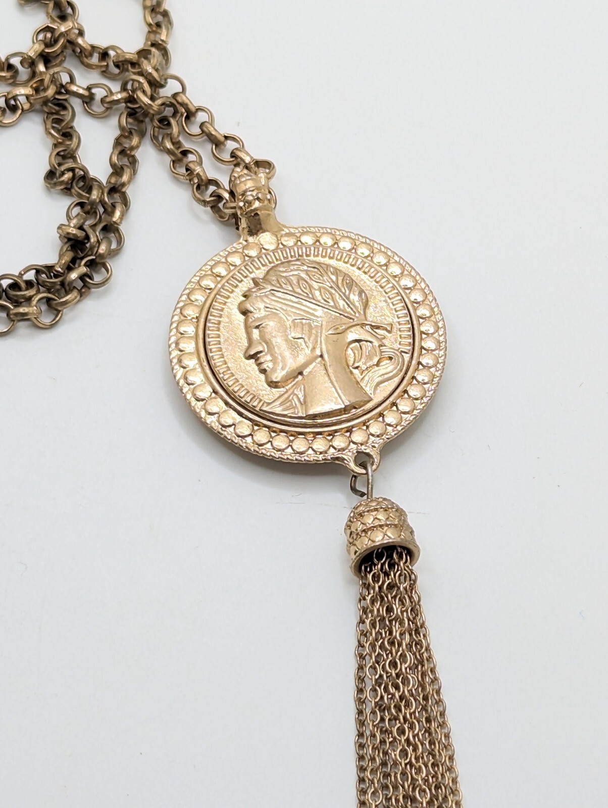 Gold Black Round Medallion Tassel Necklace Long Layering Roman Style Boho