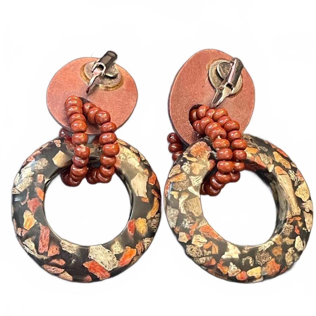 Vintage 80s 90s Artisan Wood Glass Resin Clip-On Statement Earrings