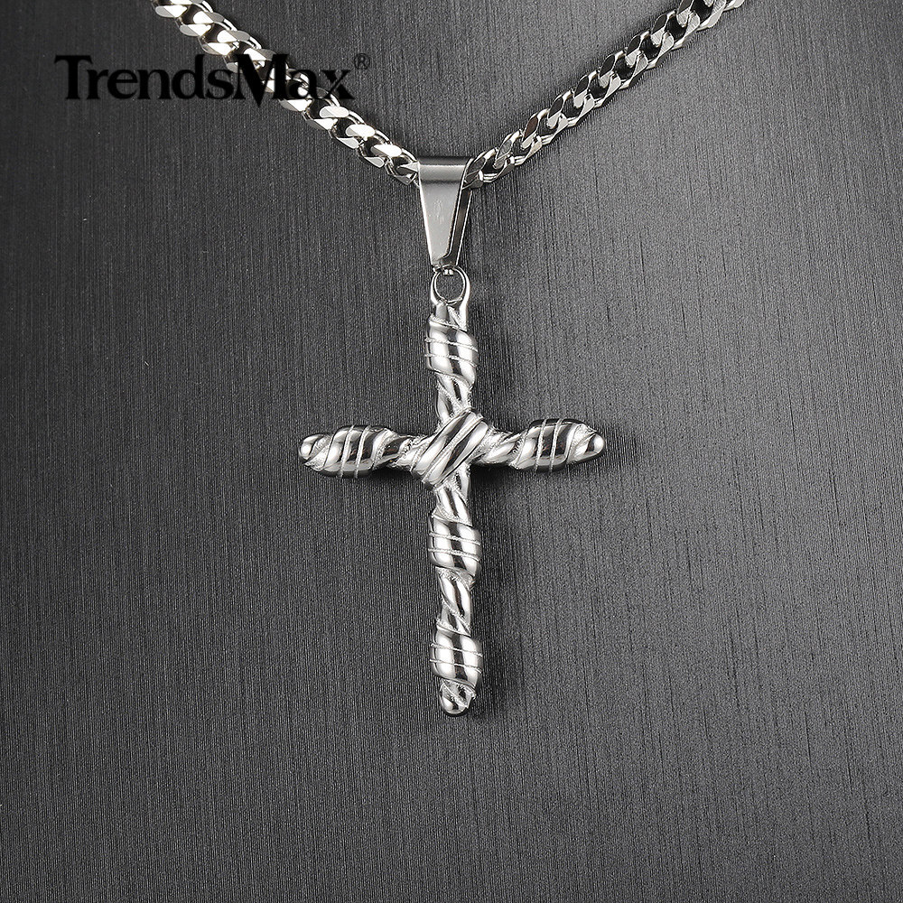 Men’s Silver Tone Stainless Steel Chain Vintage Religious Cross Pendant Necklace