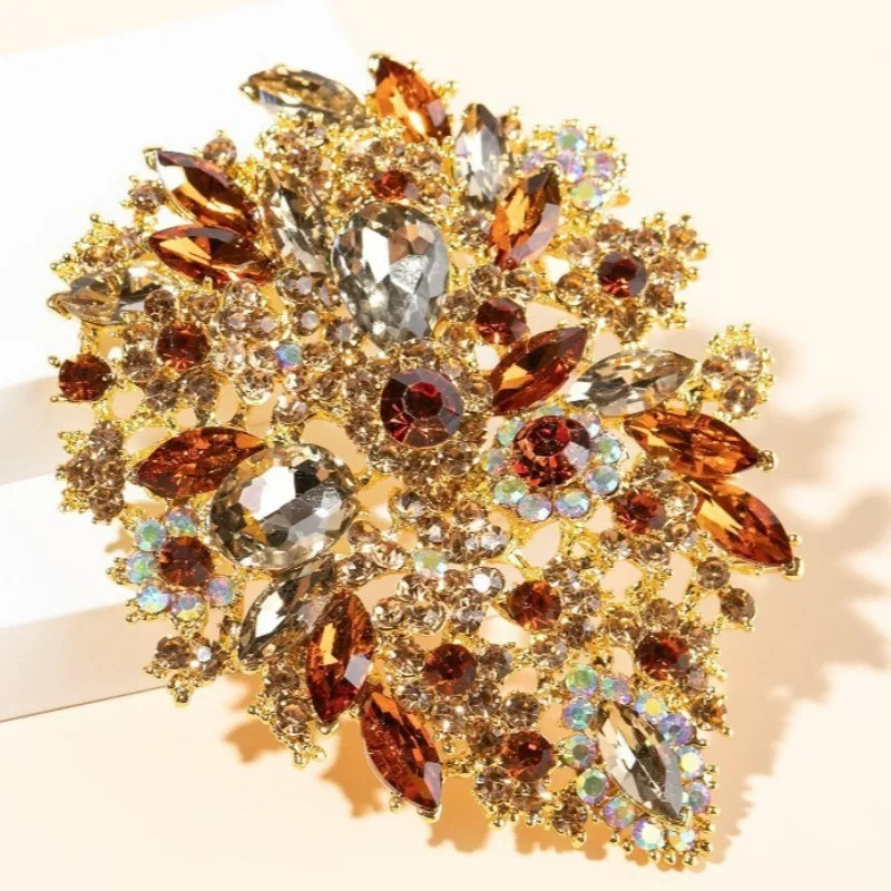 Gold Tone Unique Flower Drop Brooch Pin Pendant Topaz Rhinestone Crystal Jewelry