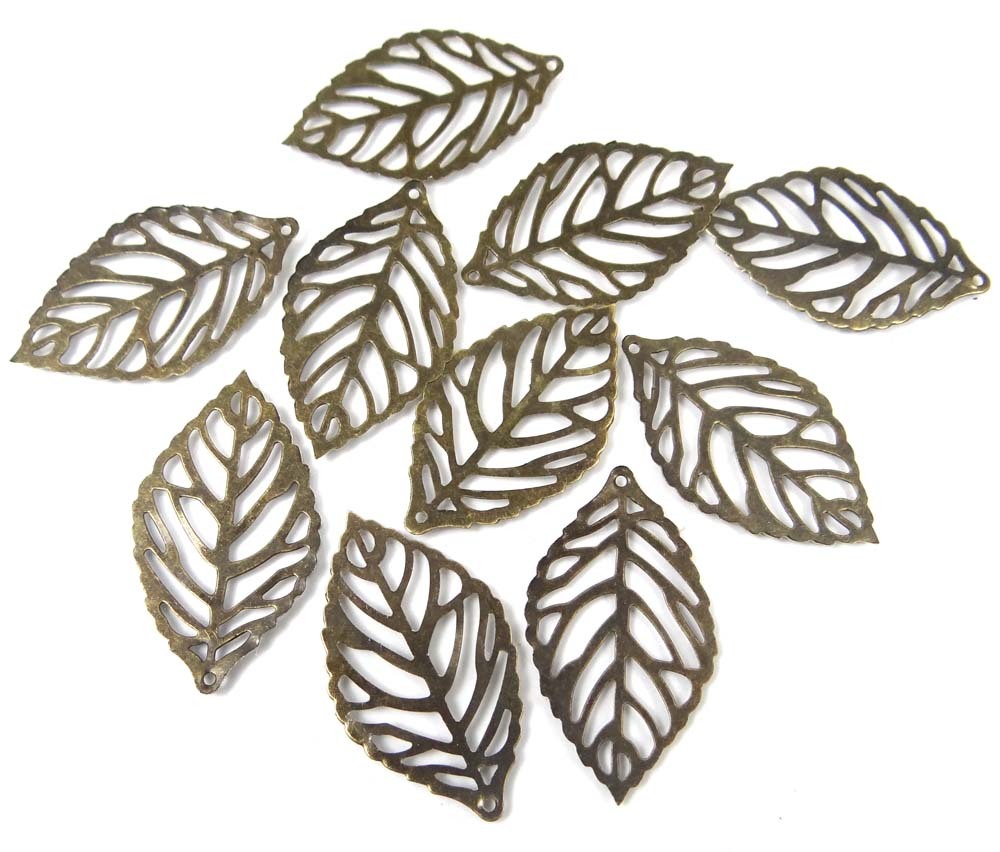 20 Antiqued Bronze Filigree Leaf Stamp Focal Pendant 35x20mm