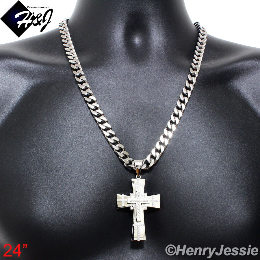18-40″MEN Stainless Steel 9mm Silver Cuban Curb Chain Bling CZ Cross Pendant*N7